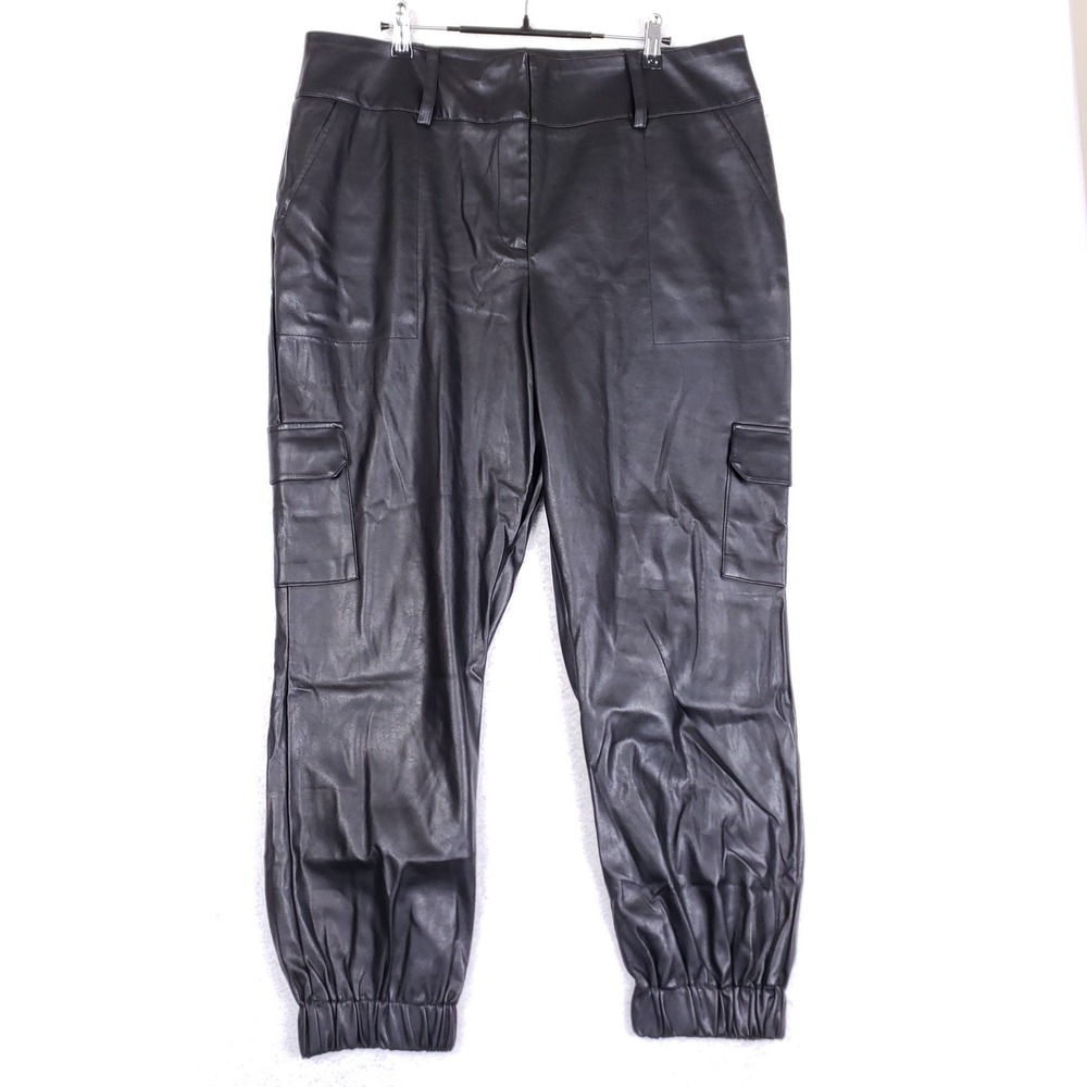 NY&C Cargo Jogger Pants Womens 16 Faux Leather Black Streetwear Utility